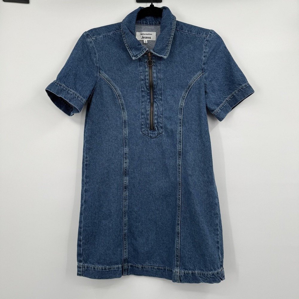 Reformation Jeans Dress Womens 0 Blue Denim Shift Short Sleeve Collared Zip